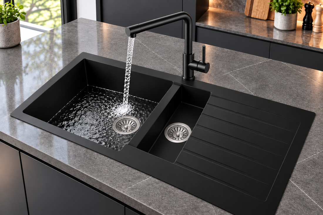 Liquida GRN150BL 1.5 Bowl Black Granite Reversible Kitchen Sink With Wastes