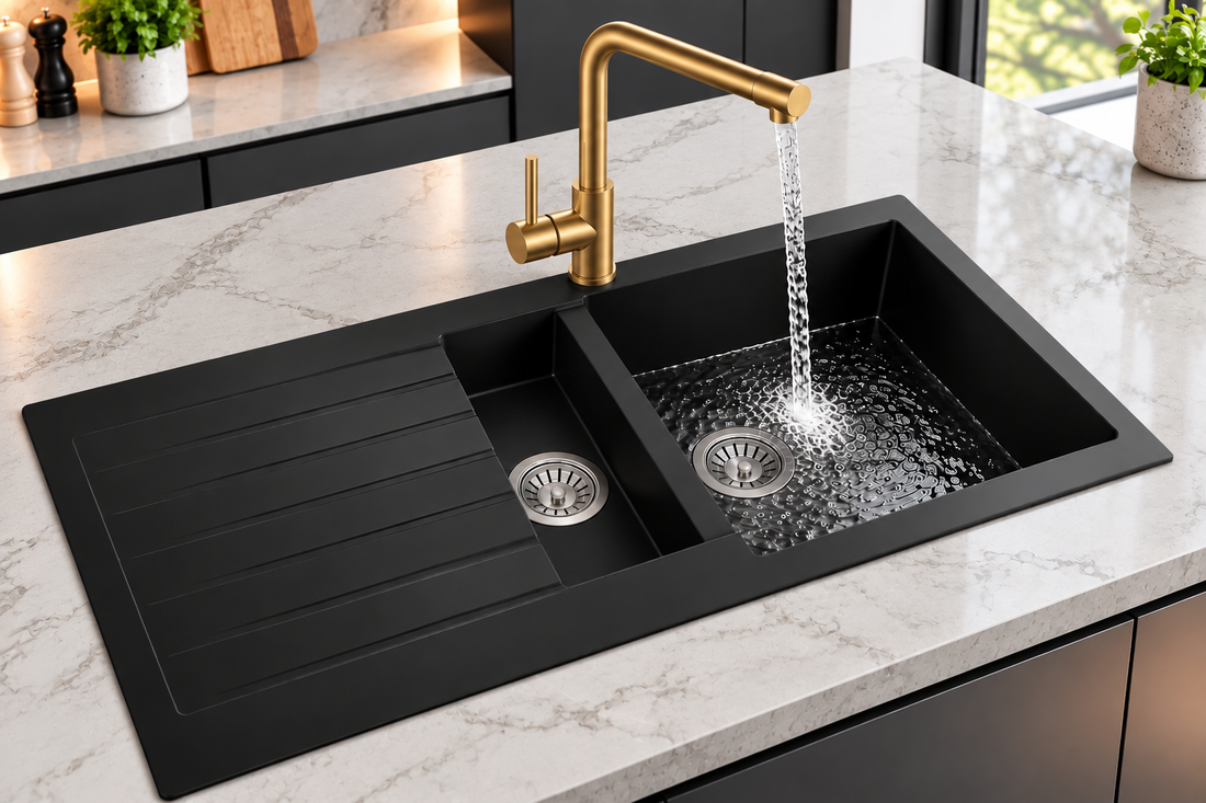 Liquida GRN150BL 1.5 Bowl Black Granite Reversible Kitchen Sink With Wastes