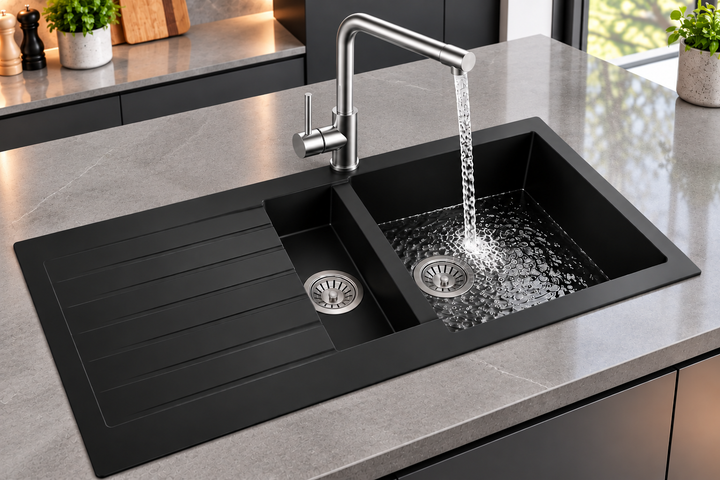 Liquida GRN150BL 1.5 Bowl Black Granite Reversible Kitchen Sink With Wastes