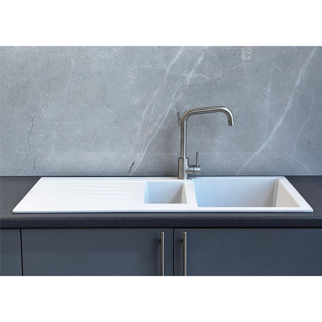 Liquida GRN150WH 1.5 Bowl White Granite Reversible Kitchen Sink With Wastes