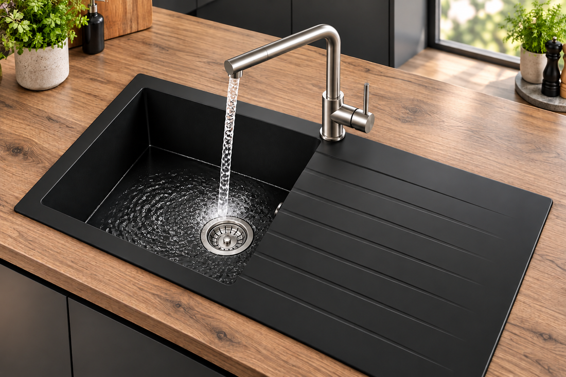 Liquida GRN860BL 1.0 Bowl Black Granite Reversible Kitchen Sink With Waste