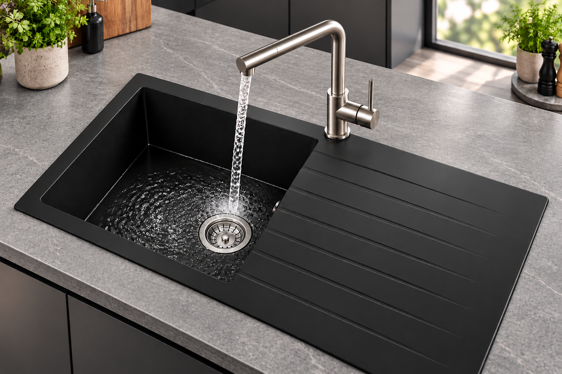 Liquida GRN860BL 1.0 Bowl Black Granite Reversible Kitchen Sink With Waste