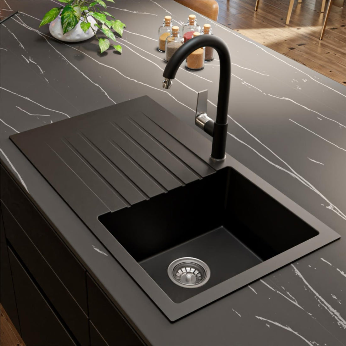 Liquida black granite single bowl kitchen sink with reversible drainer top view