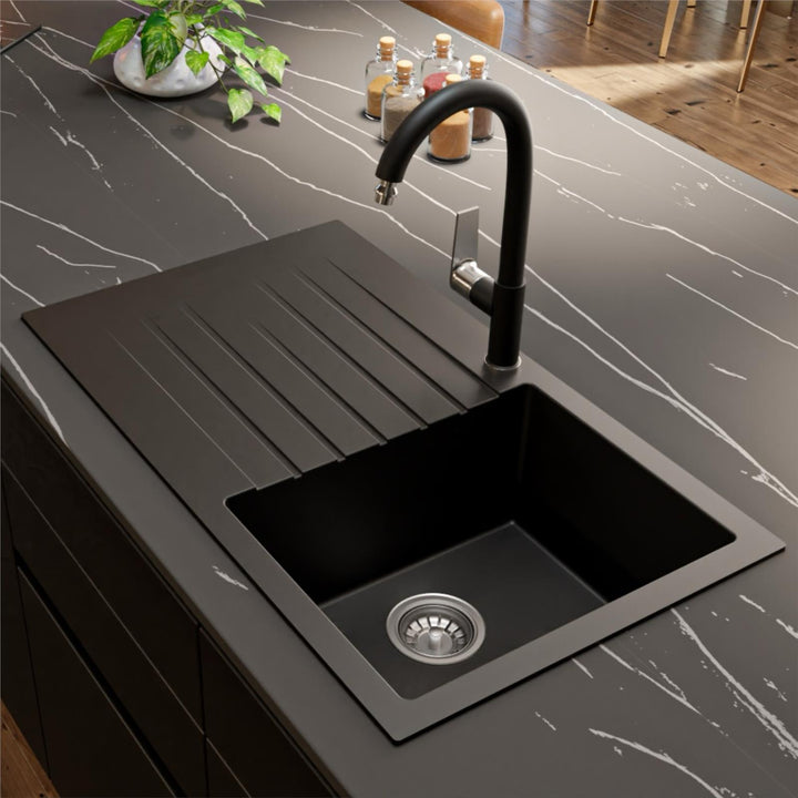 Liquida GRN860BL 1.0 Bowl Black Granite Reversible Kitchen Sink With Waste