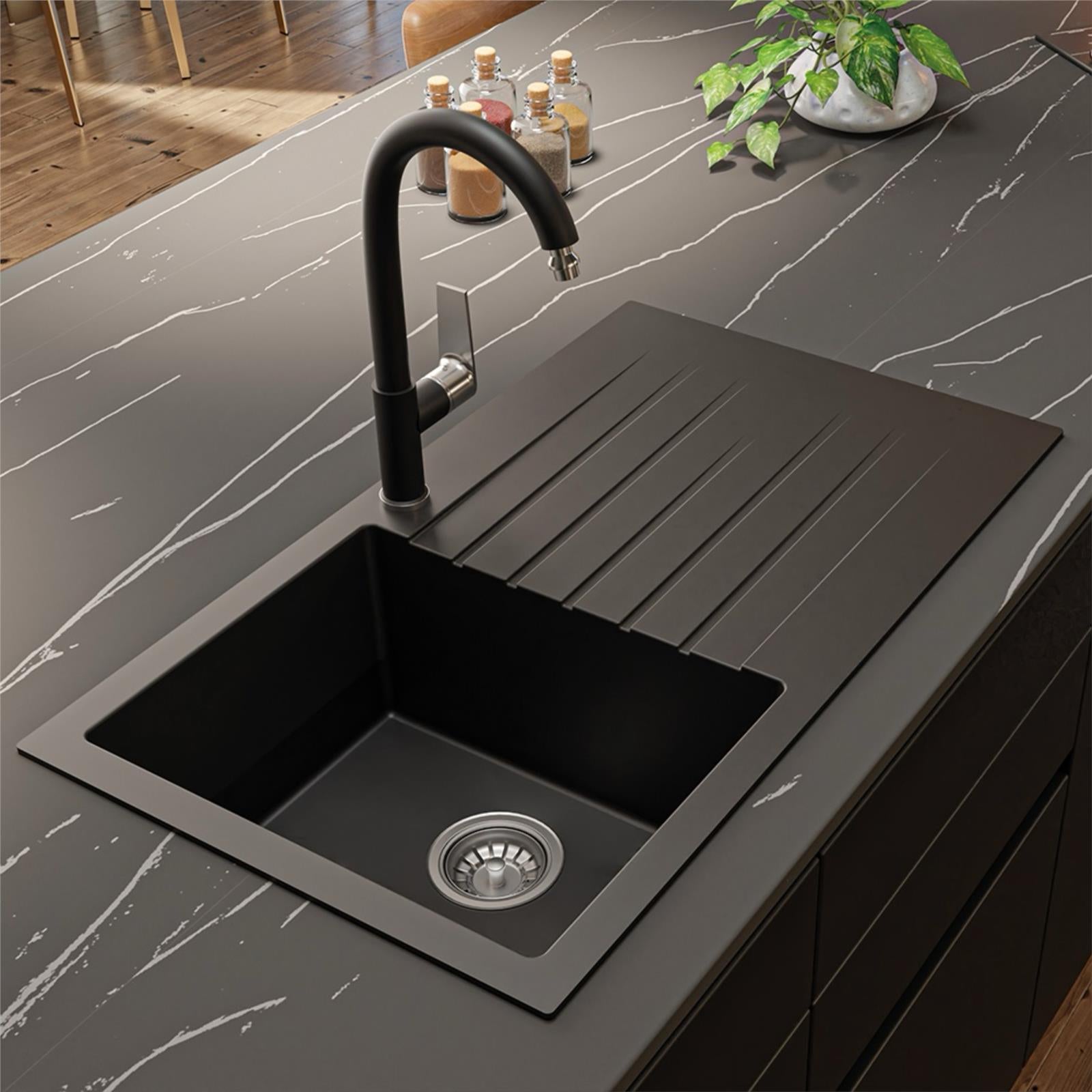 Liquida black granite 1.0 bowl kitchen sink with reversible drainer angled kitchen view