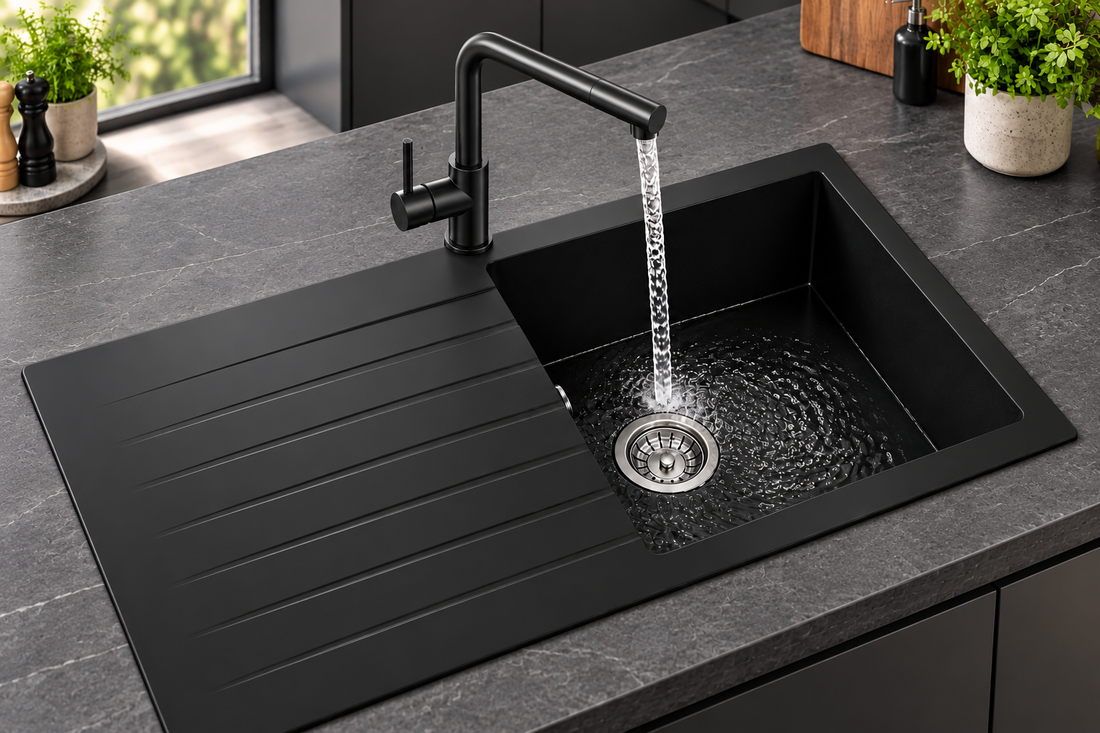 Liquida GRN860BL 1.0 Bowl Black Granite Reversible Kitchen Sink With Waste