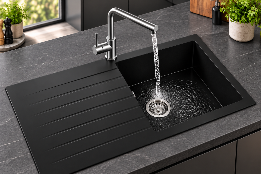 Liquida GRN860BL 1.0 Bowl Black Granite Reversible Kitchen Sink With Waste