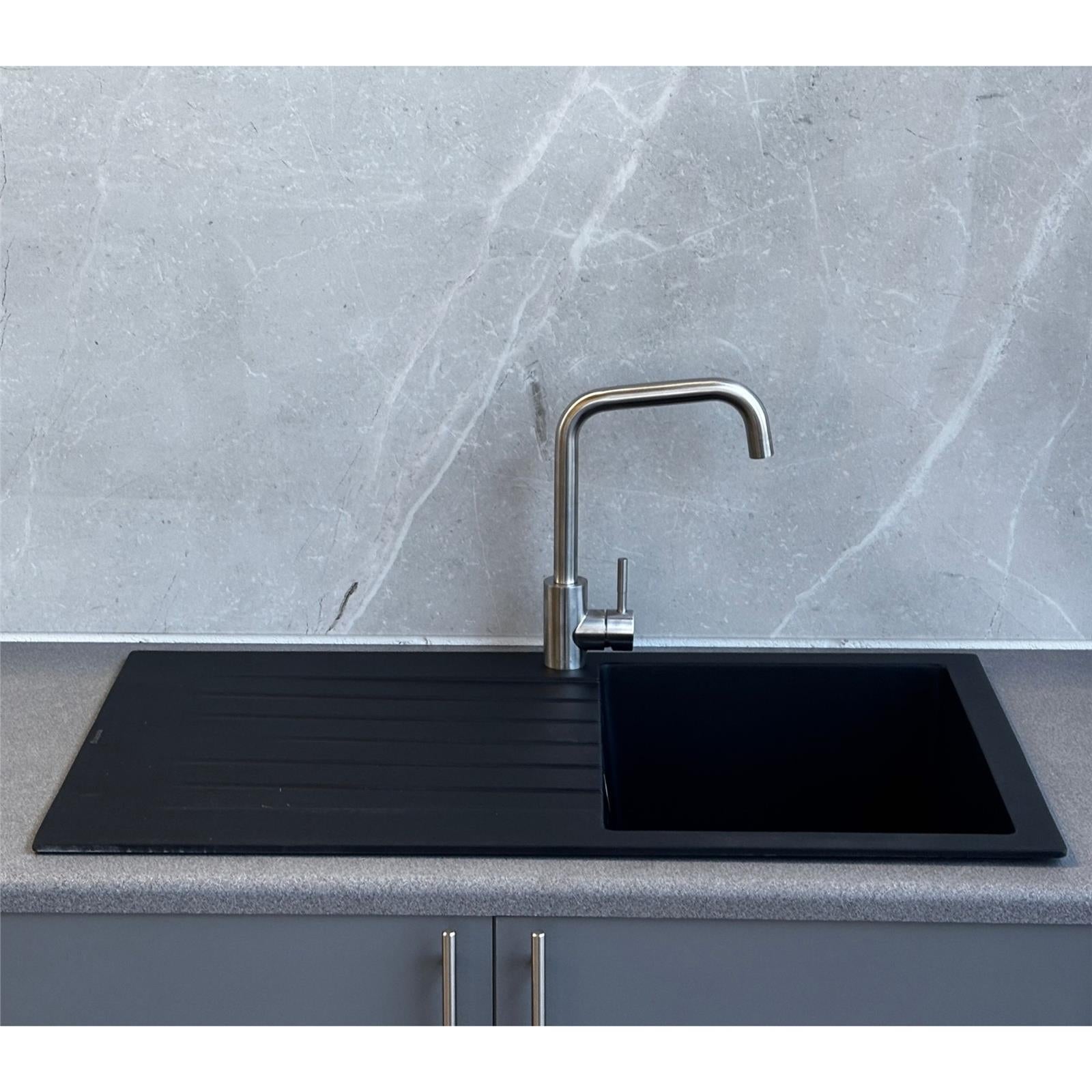 Liquida black granite single bowl kitchen sink with reversible drainer alternative angle installed