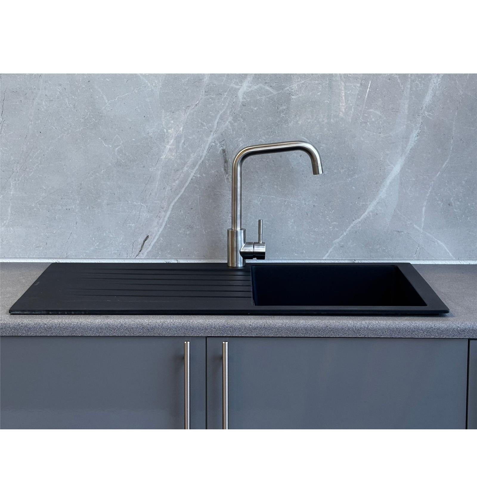 Liquida black granite 1.0 bowl kitchen sink with reversible drainer installed in modern kitchen
