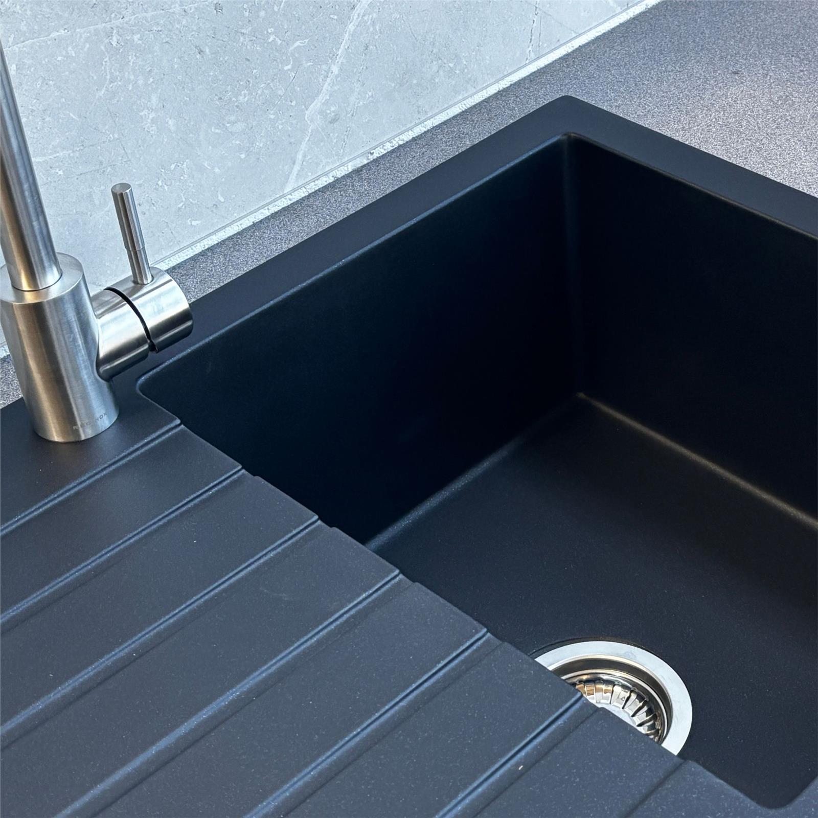 Liquida black granite 1.0 bowl kitchen sink with reversible drainer side profile installed