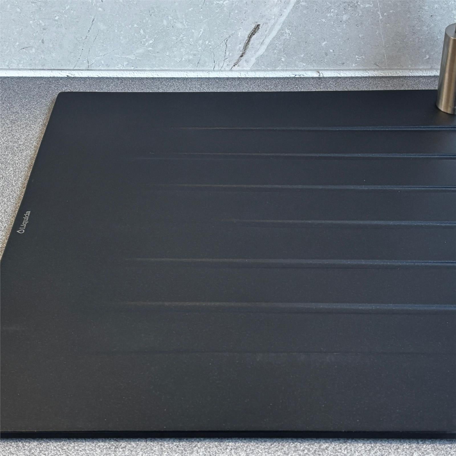 Liquida black granite single bowl kitchen sink with reversible drainer drainer grooves detail