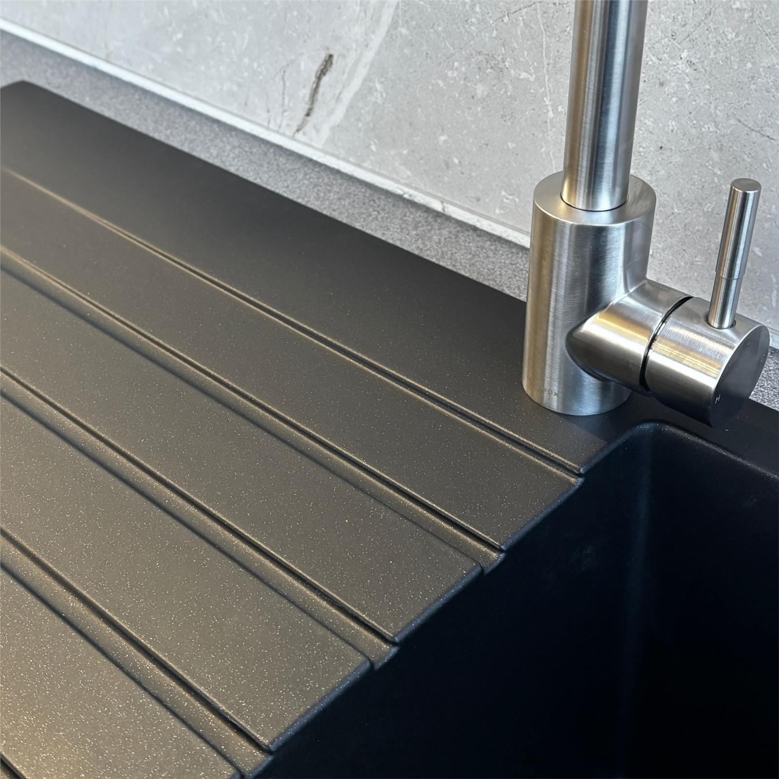 Liquida black granite 1.0 bowl kitchen sink with reversible drainer waste outlet close up