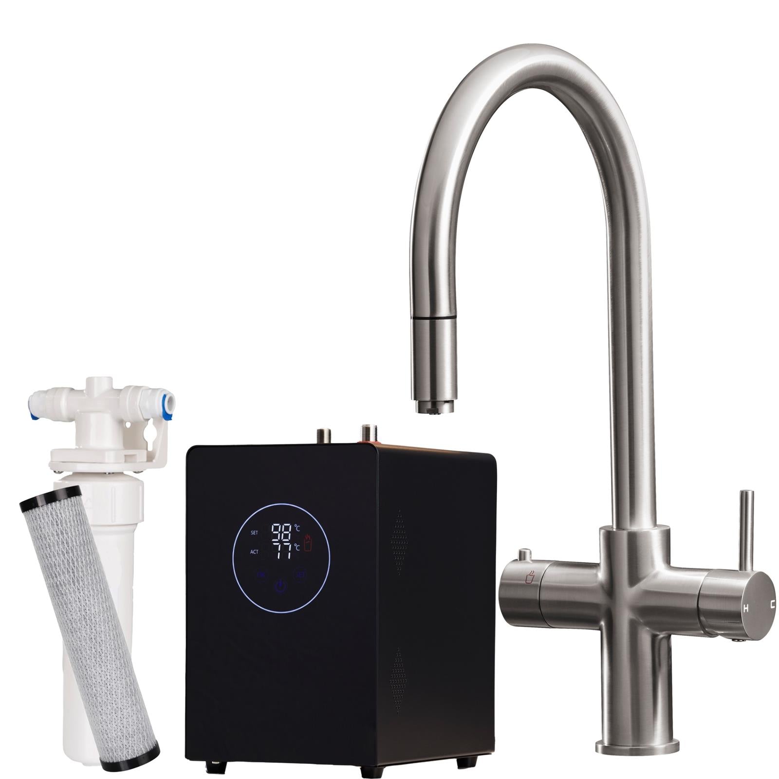 Liquida HT35BN 3 In 1 Pull Out Spray Brushed Nickel Boiling Water Kitchen Tap