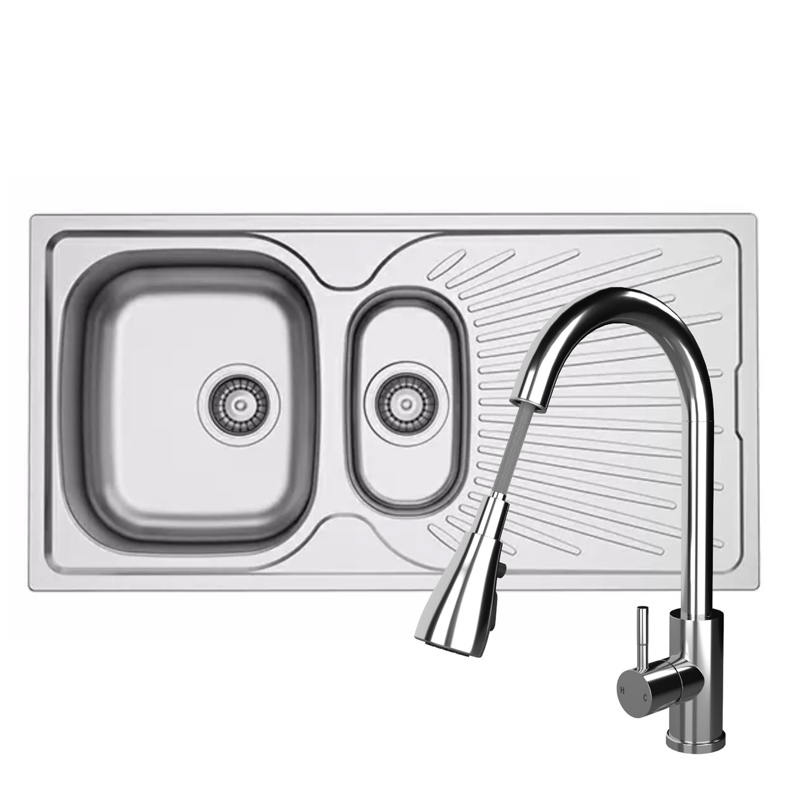 Liquida JAV15SS 1.5 Bowl Reversible Stainless Steel Kitchen Sink & KPO11CH Tap