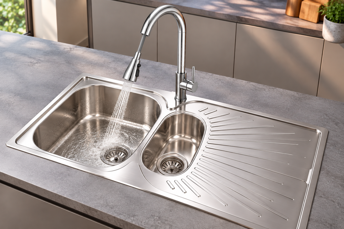Liquida JAV15SS 1.5 Bowl Reversible Stainless Steel Kitchen Sink & KPO11CH Tap