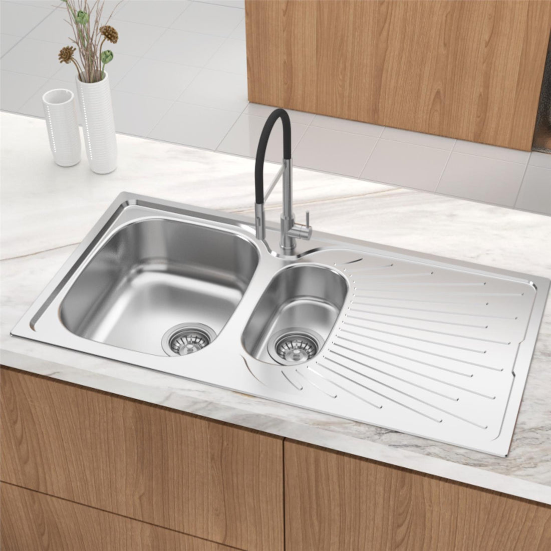 Liquida JAV15SS 1.5 Bowl Reversible Stainless Steel Kitchen Sink & W03CH Tap
