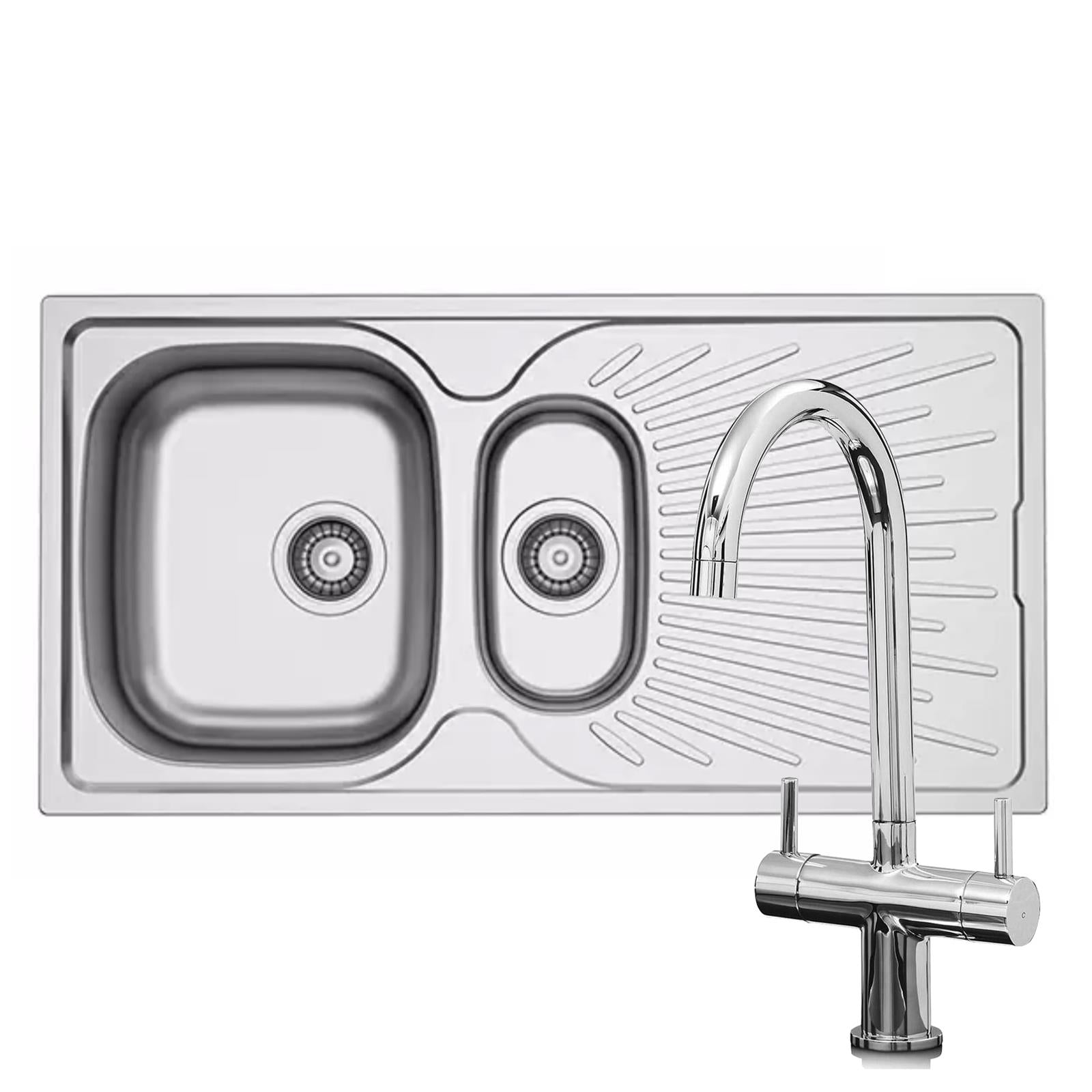 Liquida JAV15SS 1.5 Bowl Reversible Stainless Steel Kitchen Sink & W03CH Tap