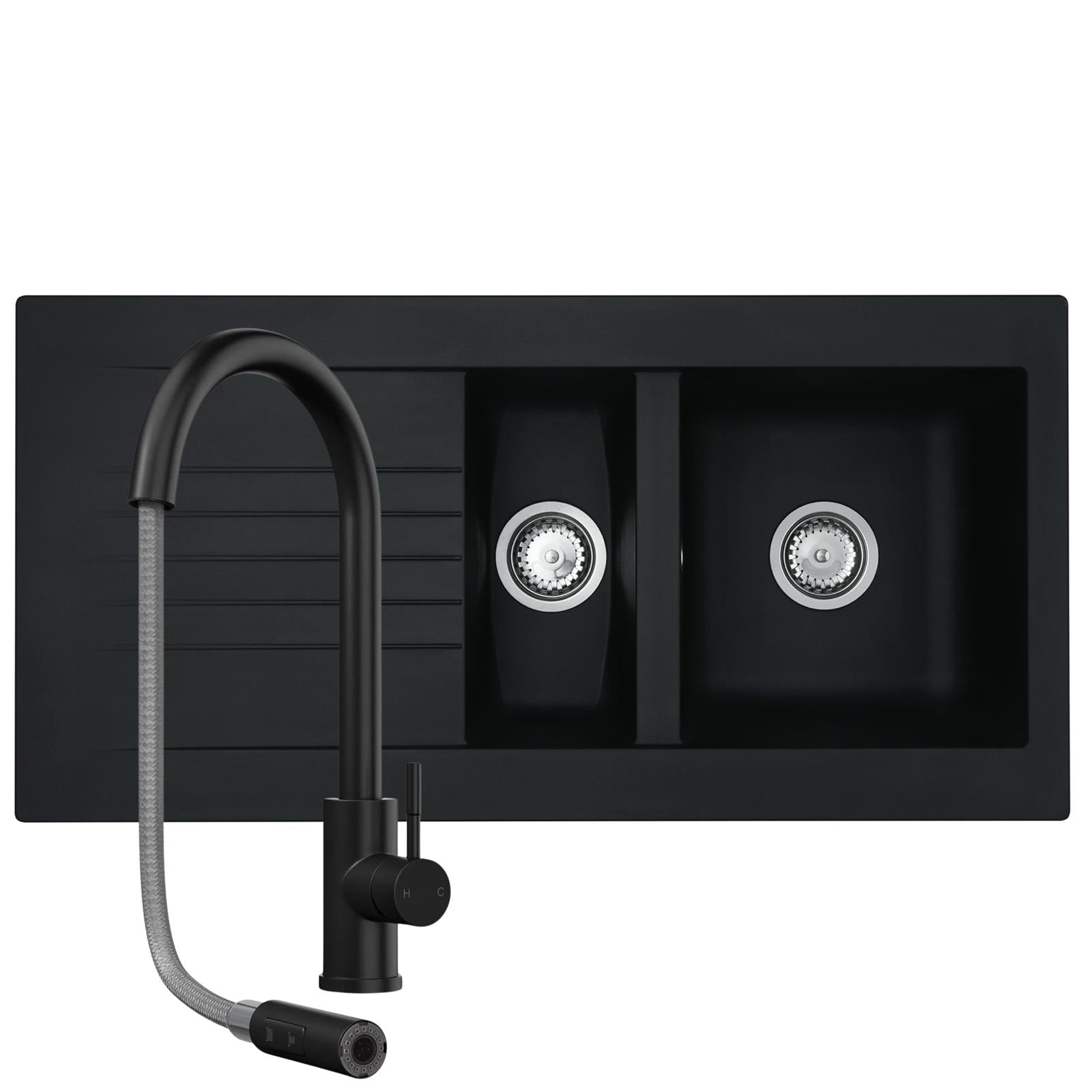 Liquida KAV150BL 1.5 Bowl Composite Black Kitchen Sink And CT453MB Black Tap