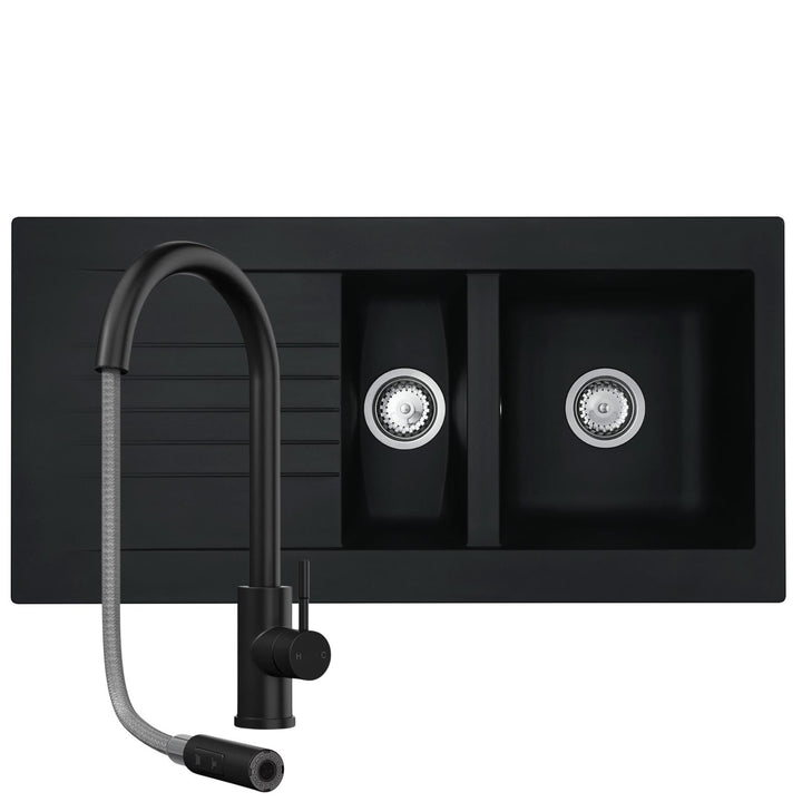 Liquida KAV150BL 1.5 Bowl Composite Black Kitchen Sink And CT453MB Black Tap