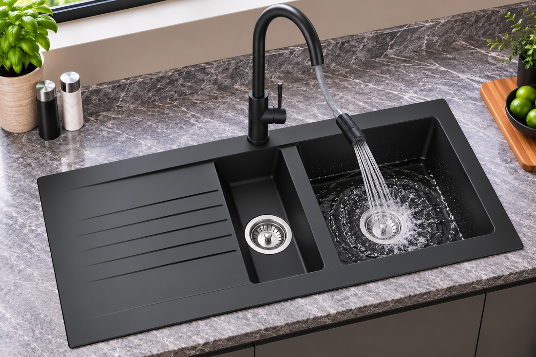 Liquida KAV150BL 1.5 Bowl Composite Black Kitchen Sink And CT453MB Black Tap