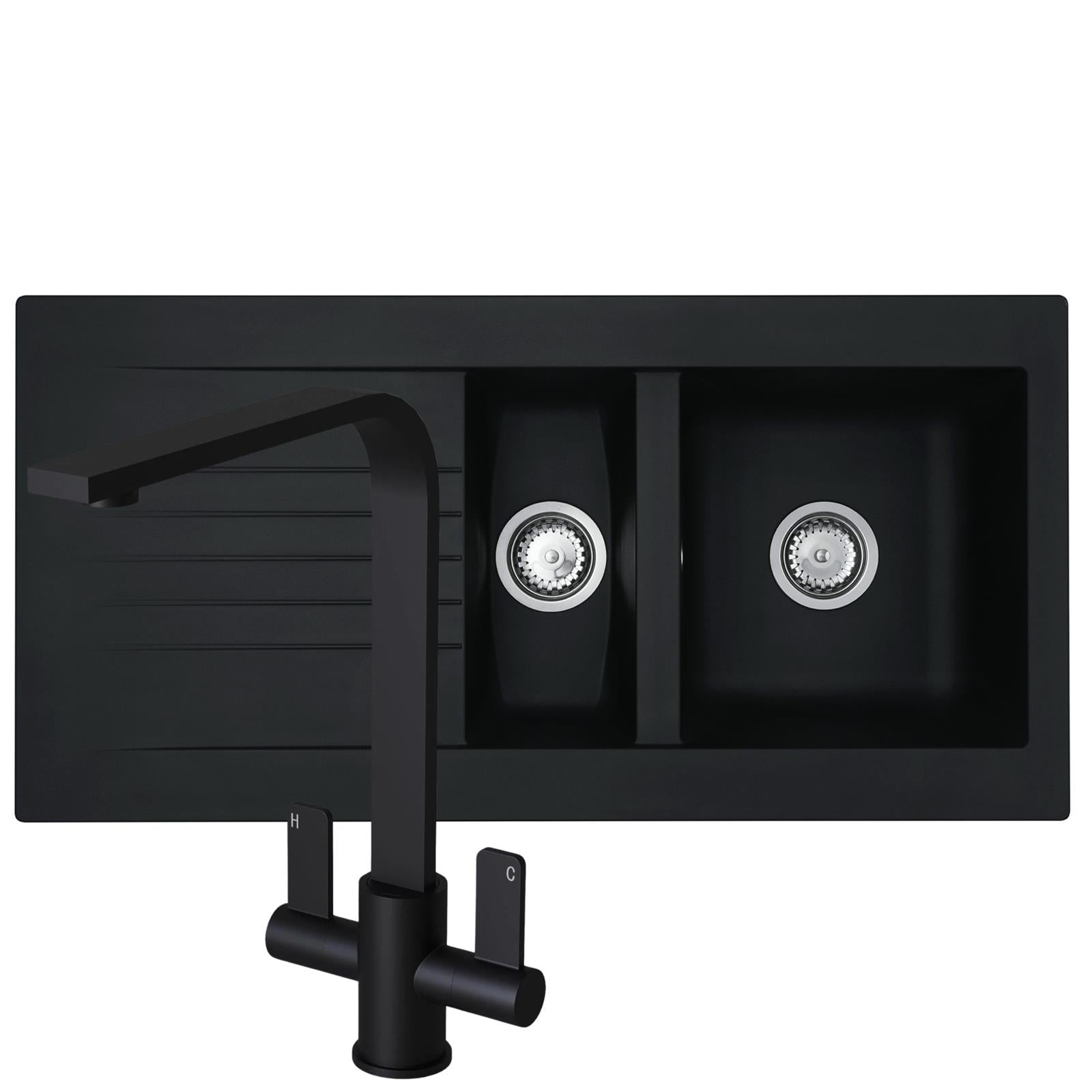 Liquida black composite 1.5 bowl kitchen sink with reversible drainer and black mixer tap