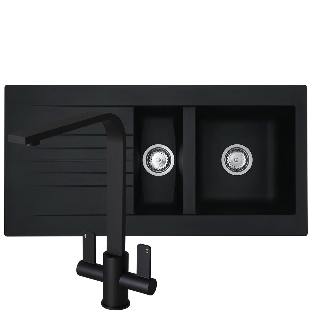 Liquida black composite 1.5 bowl kitchen sink with reversible drainer and black mixer tap
