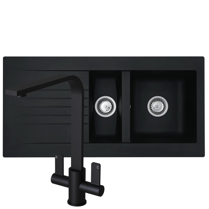 Liquida black composite 1.5 bowl kitchen sink with reversible drainer and black mixer tap