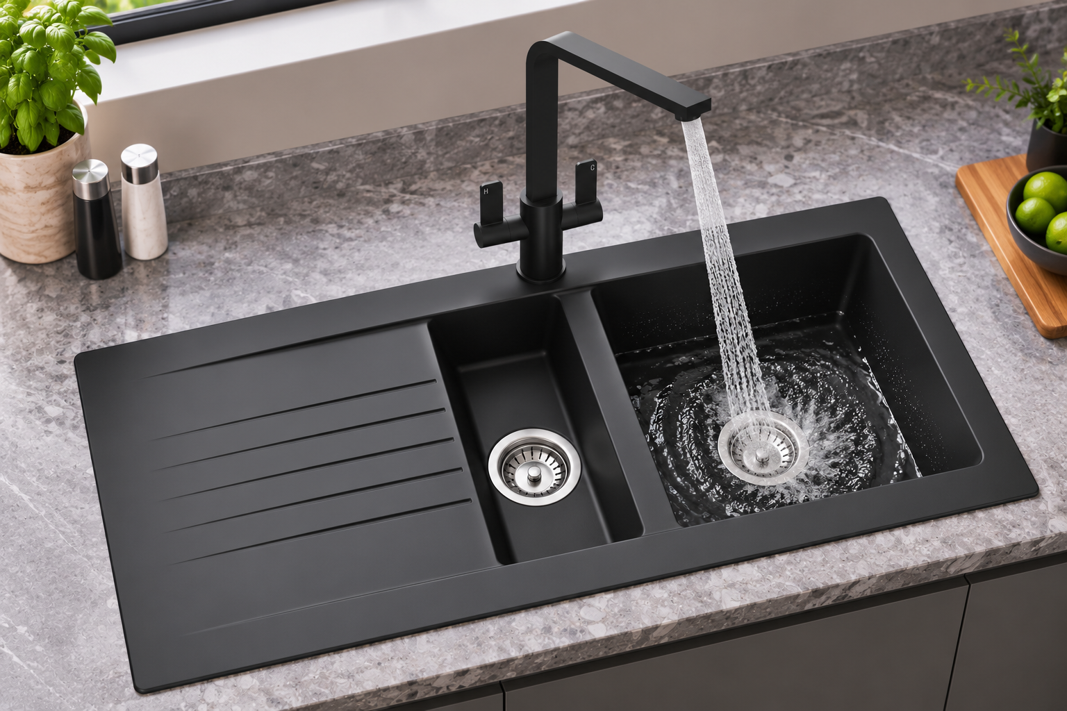 Liquida KAV150BL 1.5 Bowl Composite Black Kitchen Sink And EB403MB Black Tap