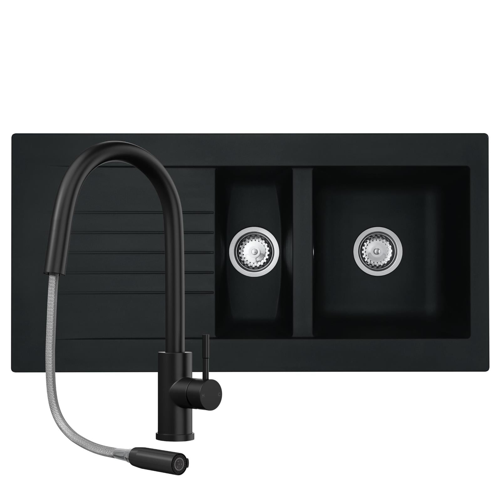 Liquida KAV150BL 1.5 Bowl Composite Black Kitchen Sink And EPO11MB Tap
