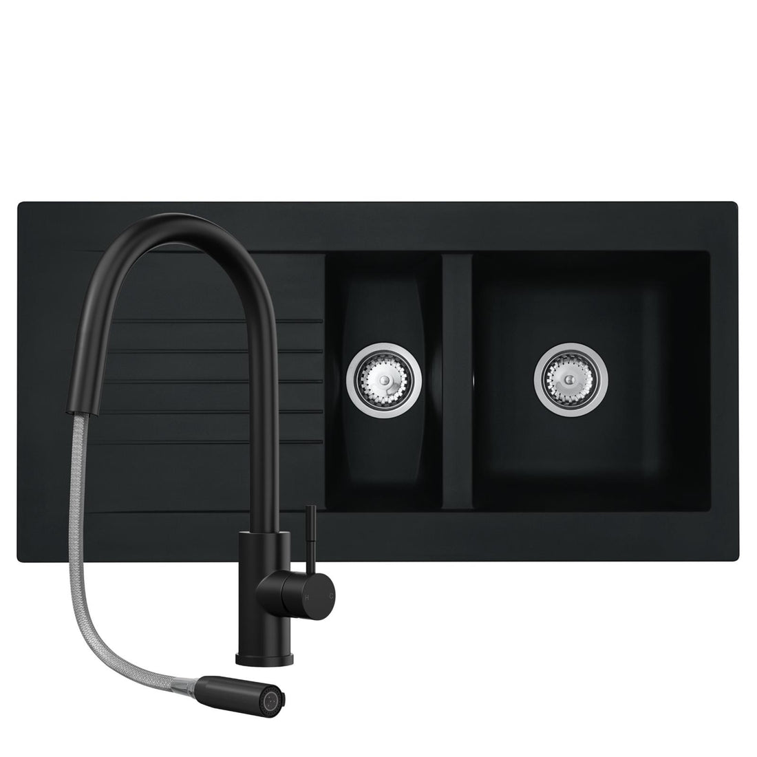 Liquida KAV150BL 1.5 Bowl Composite Black Kitchen Sink And EPO11MB Tap
