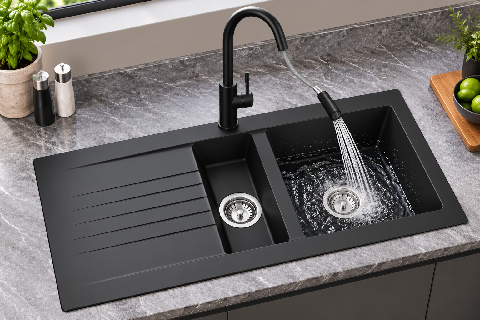 Liquida KAV150BL 1.5 Bowl Composite Black Kitchen Sink And EPO11MB Tap