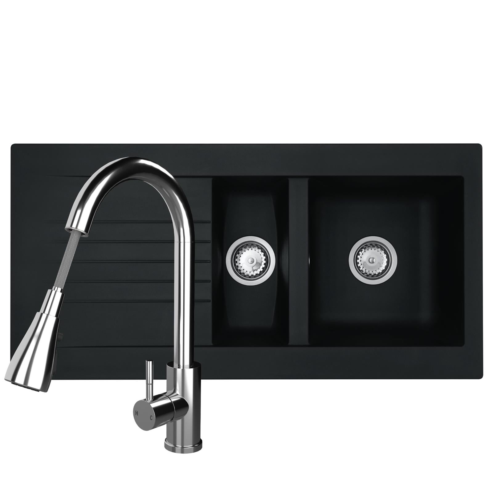 Liquida black composite 1.5 bowl kitchen sink with reversible drainer and chrome pull out spray tap