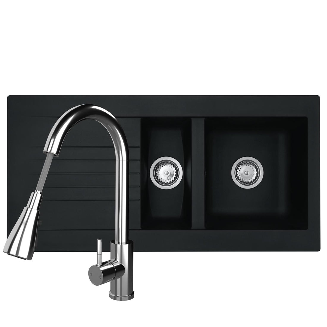Liquida black composite 1.5 bowl kitchen sink with reversible drainer and chrome pull out spray tap