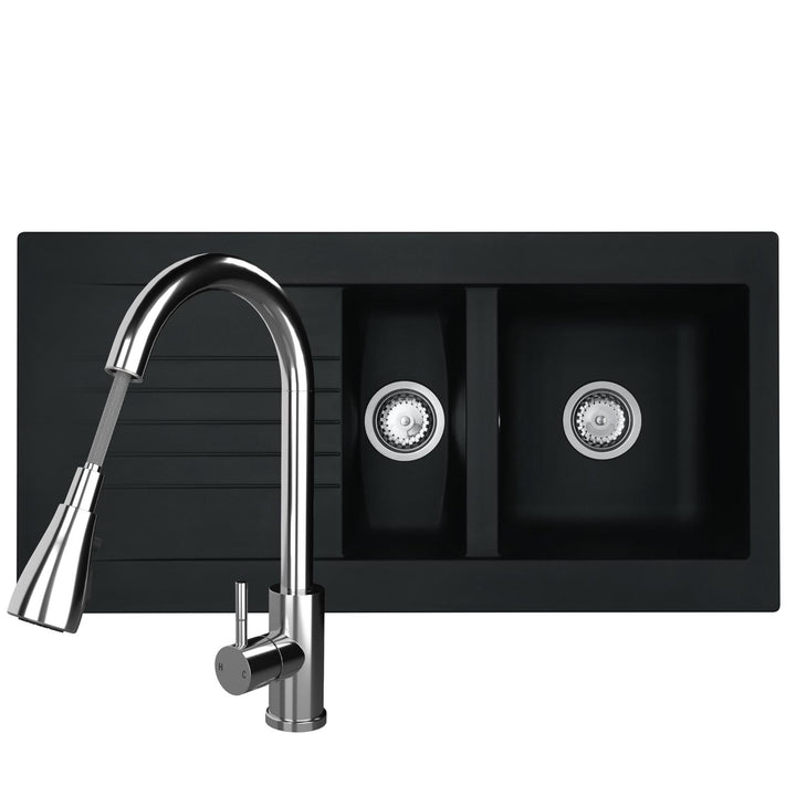 Liquida black composite 1.5 bowl kitchen sink with reversible drainer and chrome pull out spray tap