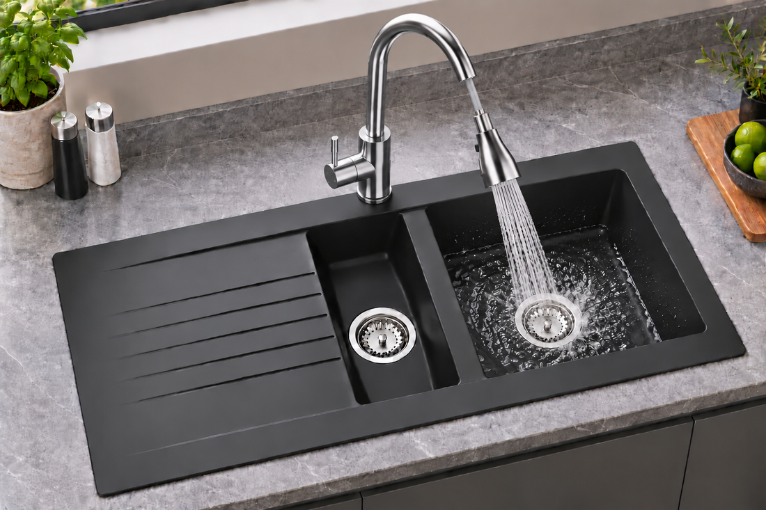 Liquida KAV150BL 1.5 Bowl Composite Black Kitchen Sink And KPO11CH Chrome Tap