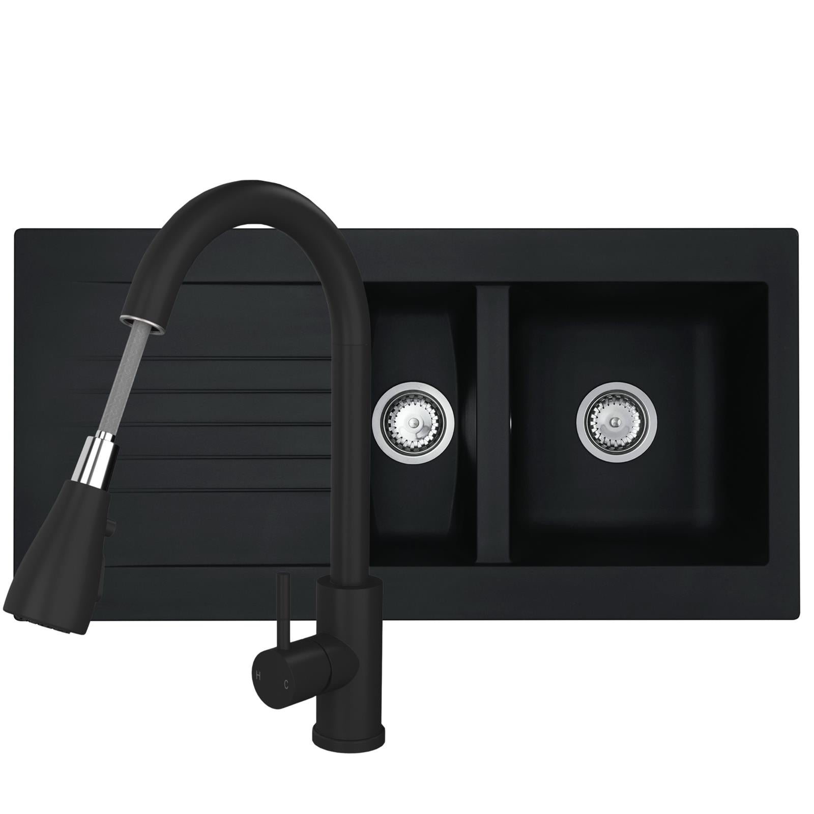 Liquida KAV150BL 1.5 Bowl Composite Black Kitchen Sink And KPO11MB Tap