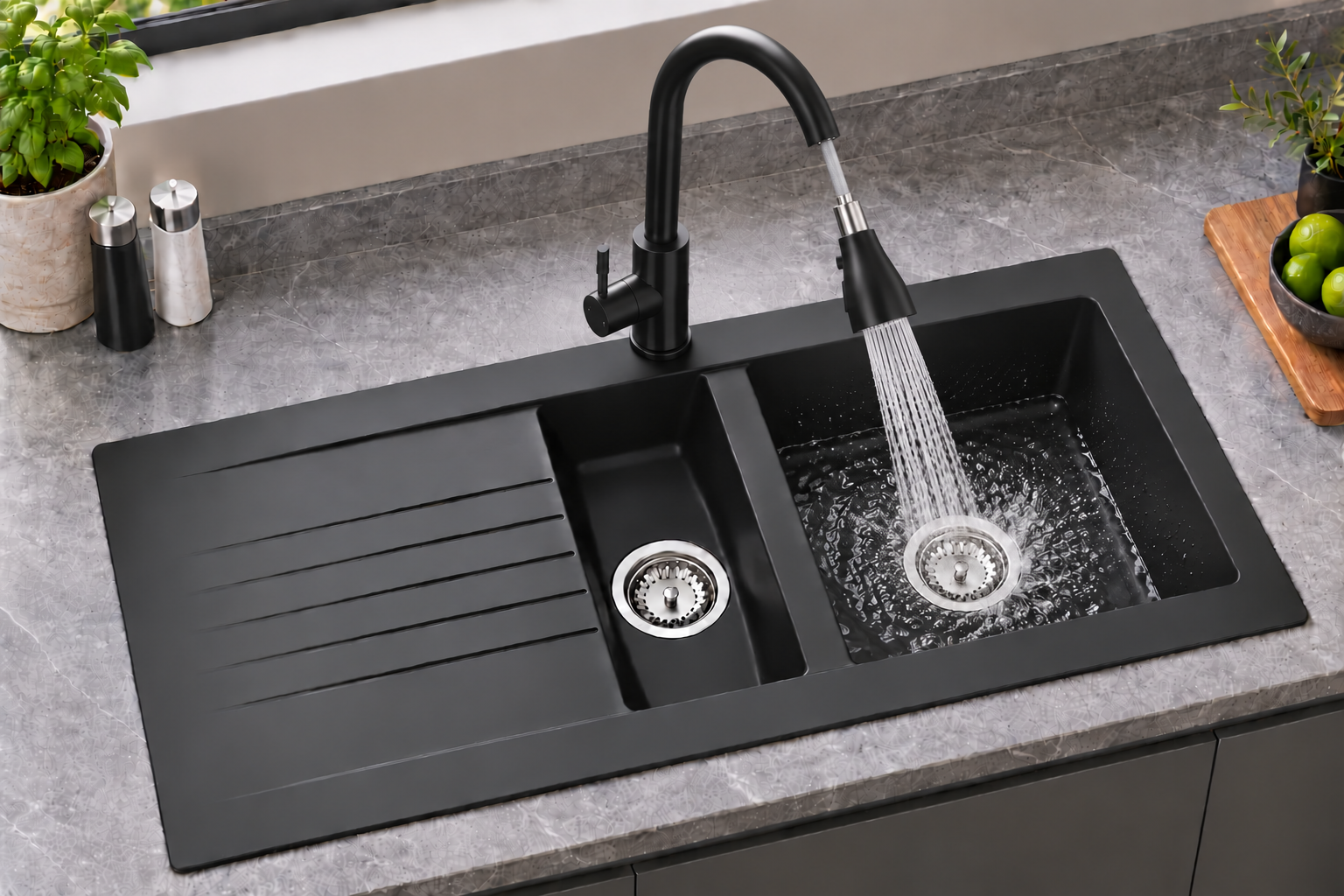 Liquida KAV150BL 1.5 Bowl Composite Black Kitchen Sink And KPO11MB Tap