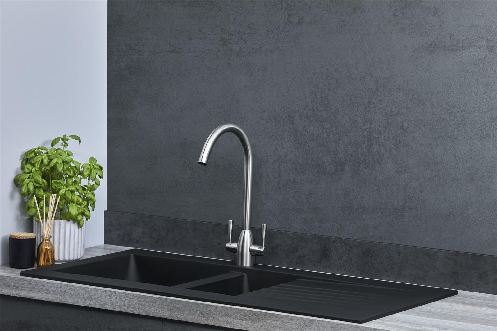 Liquida black composite 1.5 bowl kitchen sink with reversible drainer and black mixer tap large bowl close up