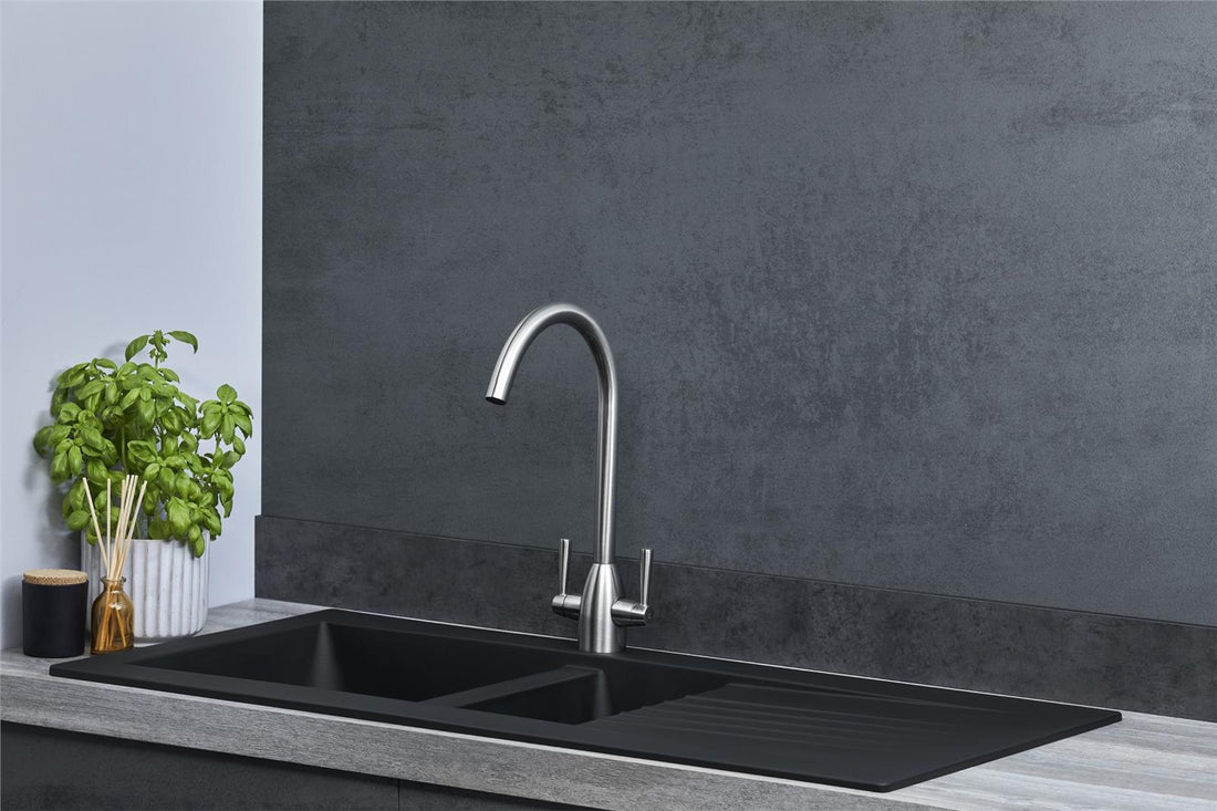 Liquida black composite 1.5 bowl kitchen sink with reversible drainer and black mixer tap large bowl close up