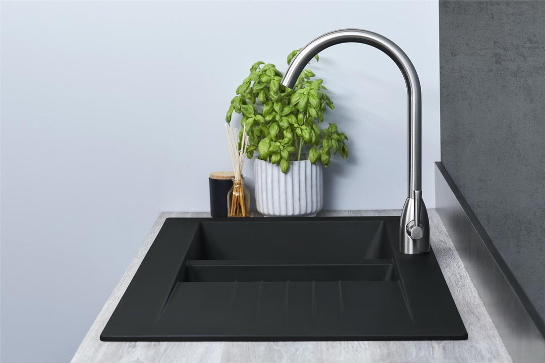 Liquida black composite 1.5 bowl kitchen sink with reversible drainer and black mixer tap tap handle detail