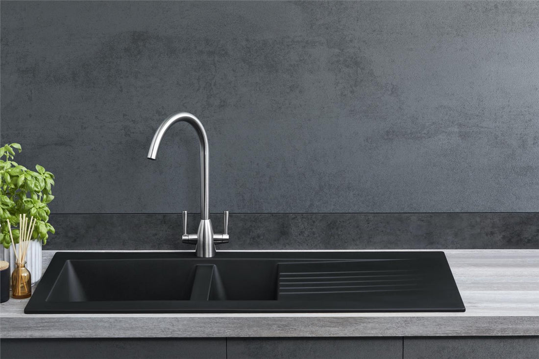 Liquida KAV150BL 1.5 Bowl Composite Black Kitchen Sink And CT453MB Black Tap