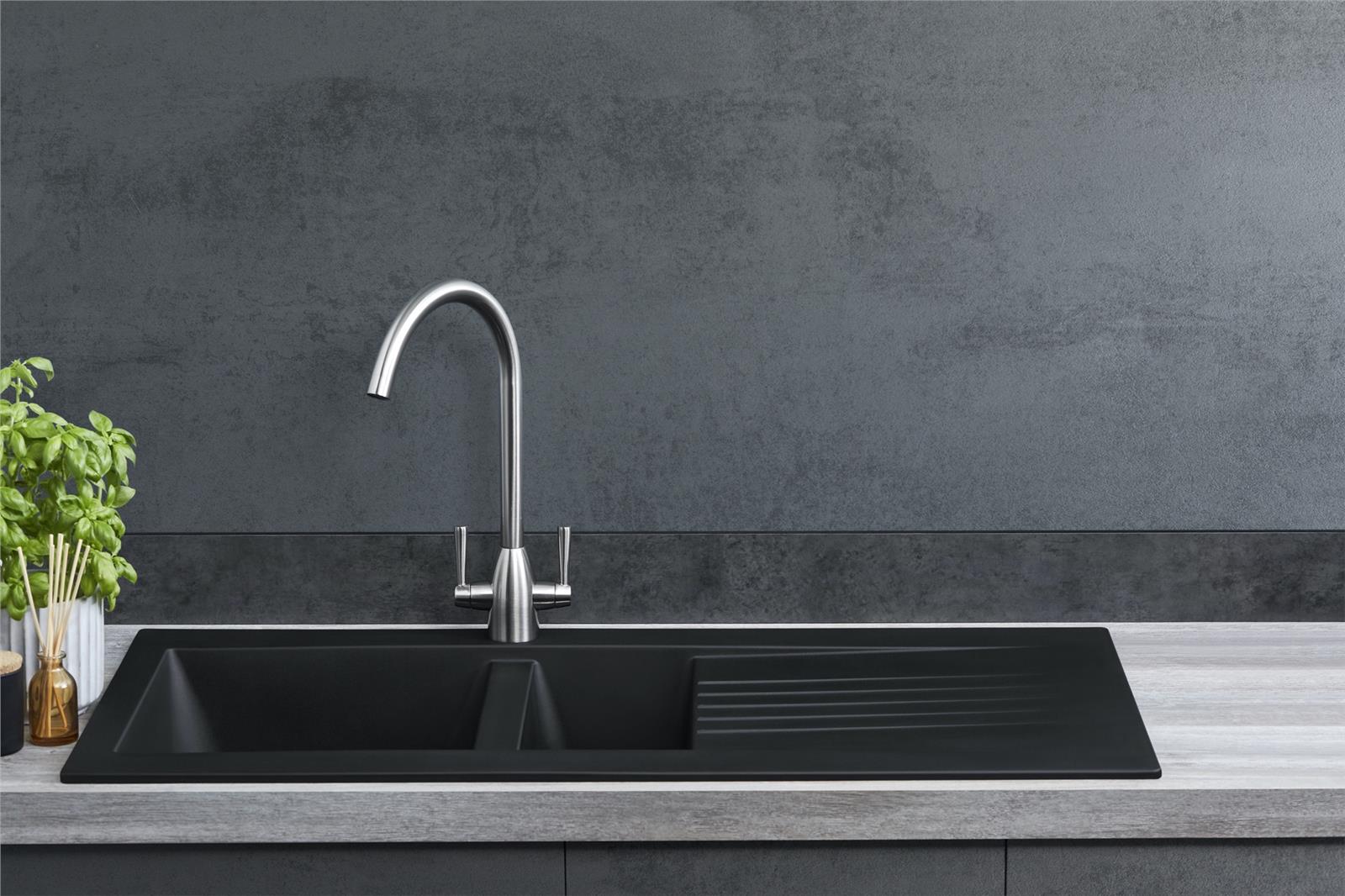 Liquida black composite 1.5 bowl kitchen sink with reversible drainer and black mixer tap underside view