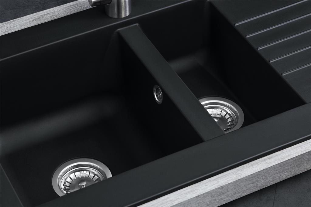 Liquida KAV150BL 1.5 Bowl Composite Reversible Black Kitchen Sink And Waste Kit