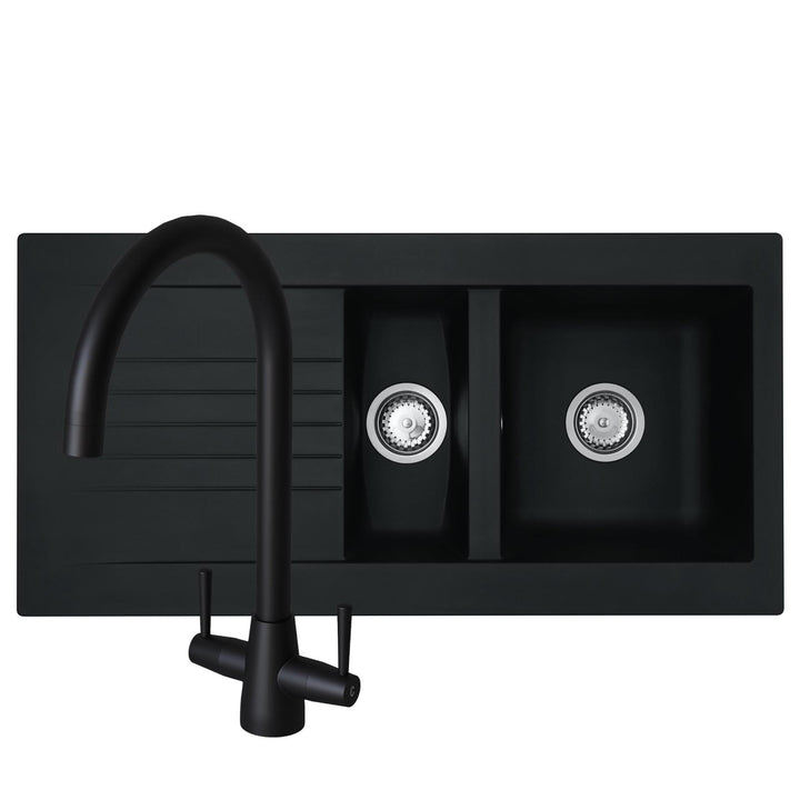 Liquida black composite 1.5 bowl kitchen sink with reversible drainer and black mixer tap