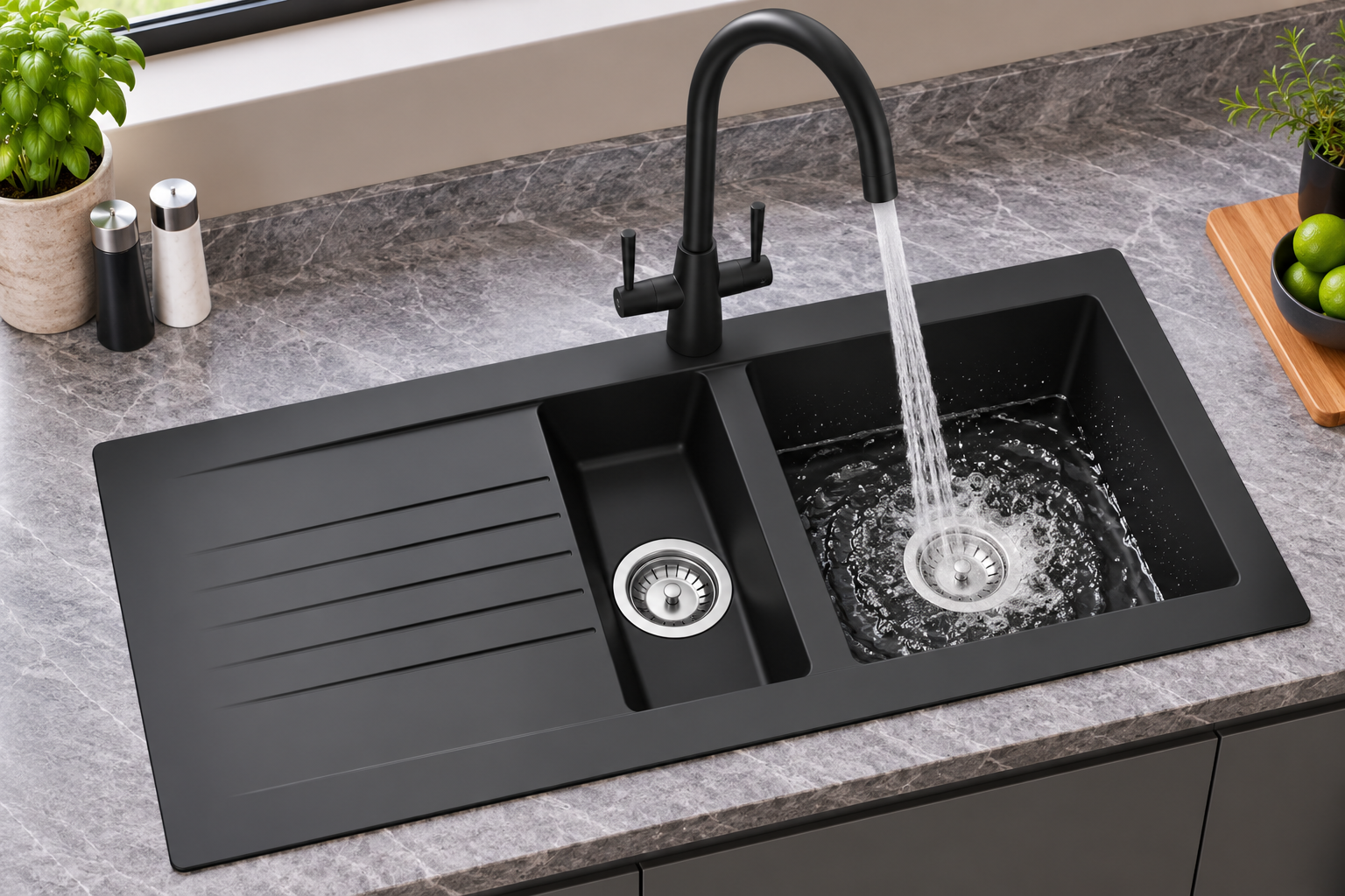 Liquida KAV150BL 1.5 Bowl Composite Black Kitchen Sink And LU408MB Black Tap