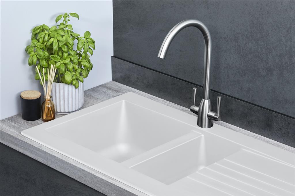 Liquida KAV150WH 1.5 Bowl Composite Reversible White Kitchen Sink And Waste Kit