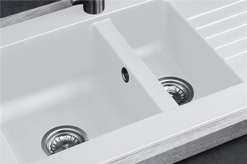 Liquida KAV150WH 1.5 Bowl Composite Reversible White Kitchen Sink And Waste Kit