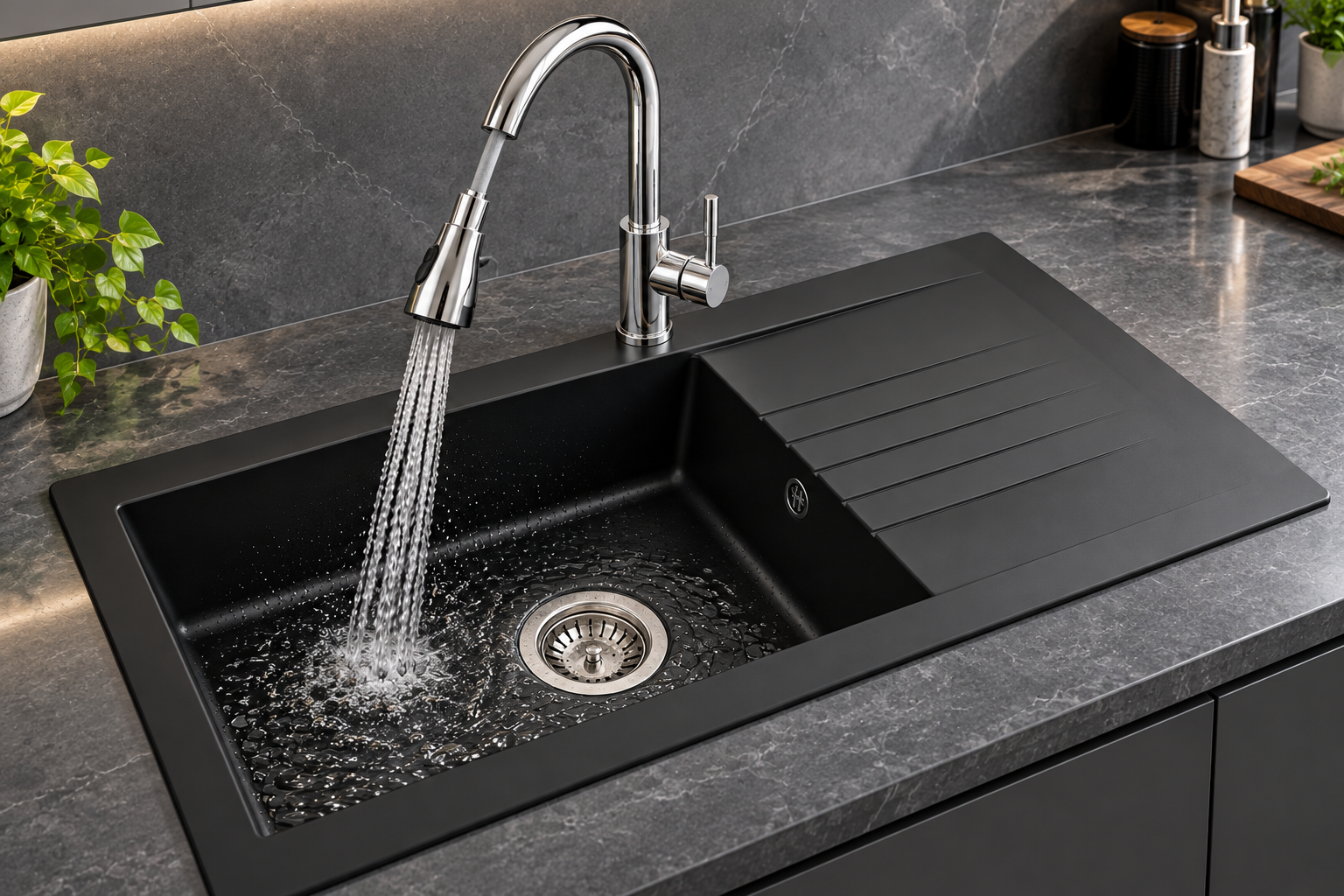 Liquida KAV860BL 1 Bowl Composite Reversible Black Kitchen Sink 860x500mm