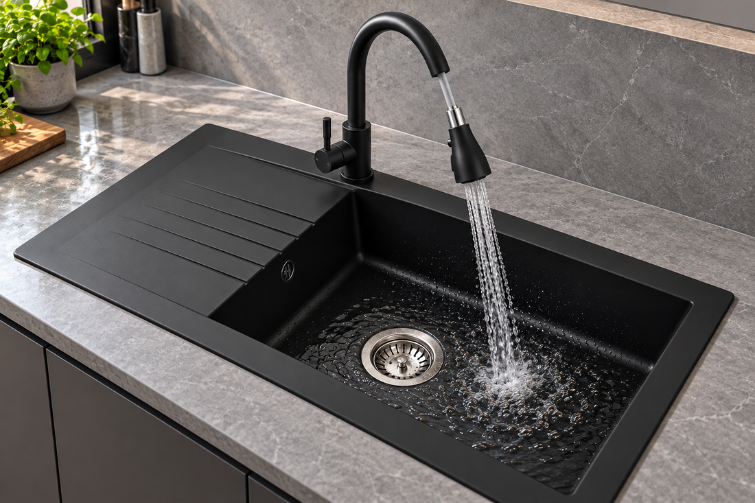 Liquida KAV860BL 1 Bowl Composite Reversible Black Kitchen Sink 860x500mm