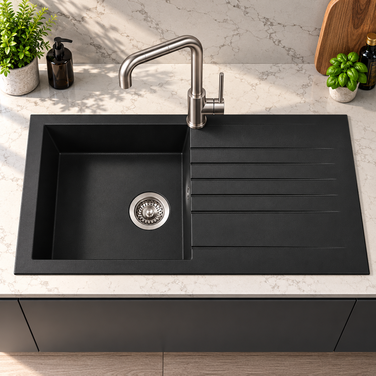 Liquida KAVL860BL 1.0 Bowl Composite Reversible Black Kitchen Sink And Waste Kit